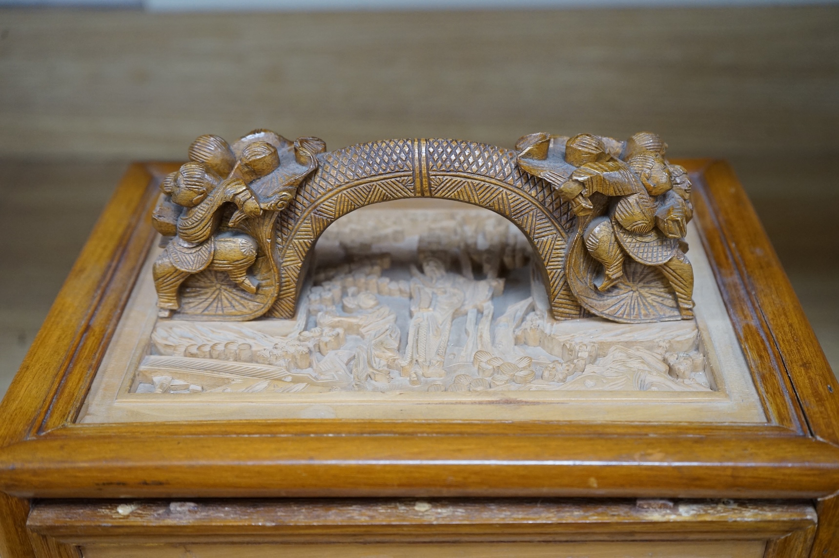 A Chinese carved boxed mahjong set and stands, box 24 cm high including handle